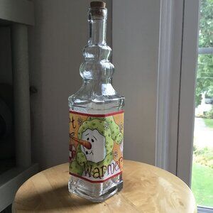 VTG Hand-Painted Glass Bottle 12" Snowman Heart Warmer Folk Art Signed 2010 Cork